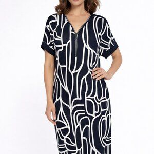 266116 Navy & White Patterned Dress with Rhinestone front Zipper by FRANK LYMAN